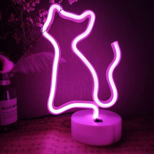 lampe led neon socle chat rose 1